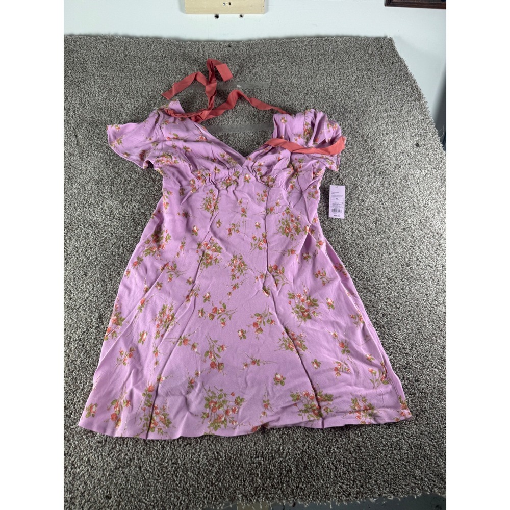Wild Fable Lavender‎ Floral Mini Dress XL Purple Rose  Tie Back Flutter Sleeve